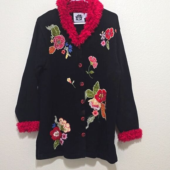 Vintage 90s Boho Festival Fringe Beaded Texas Floral Funky Cardigan SZ L - Picture 1 of 7